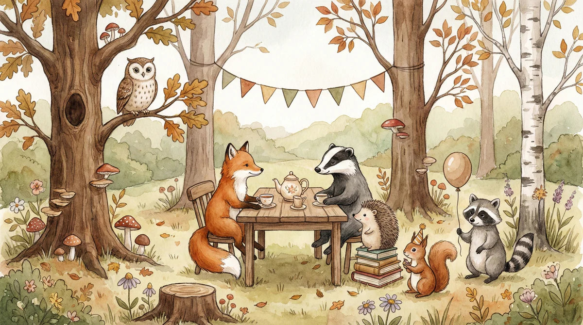 Forest Tea Party Woodland Animal Mural Wallpaper — Whimsical Decor Mural Wallpaper - room preview 04