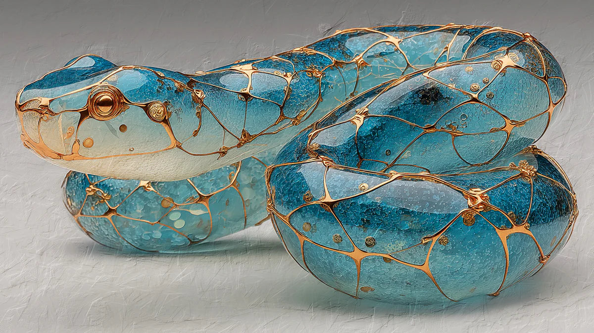 Glass Blue Snake Mural Wallpaper with Gilded Lattice Design Mural Wallpaper - room preview 04