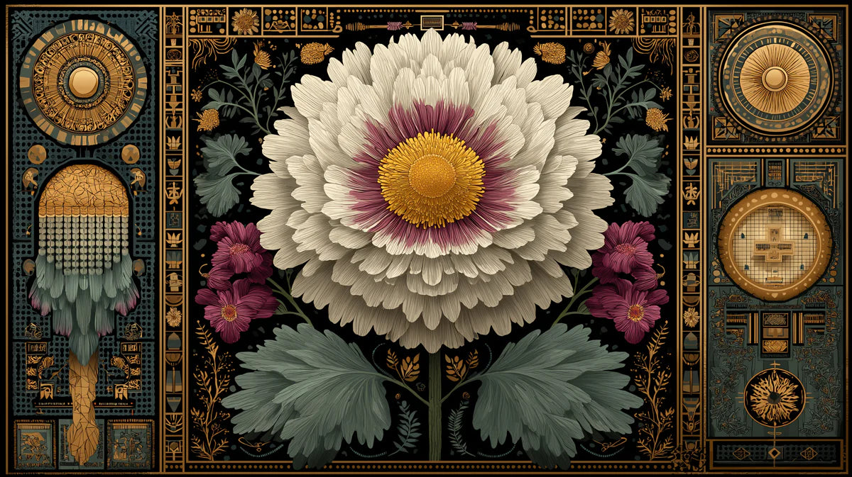 Celestial Peony Mechanical Mural Wallpaper — Ornate Gold and Black Mural Wallpaper - room preview 04