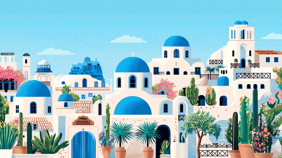 Sea Wallpaper Mural – Ocean Wall Mural – Santorini Coastal Village — Mediterranean Charm printable artwork