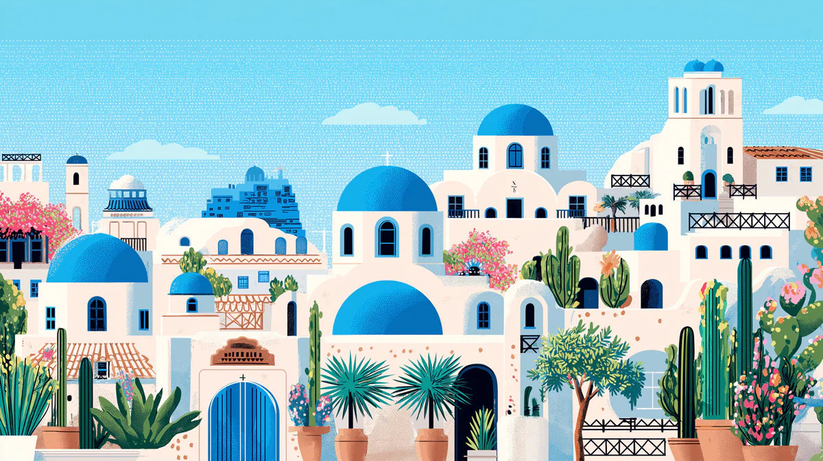 Santorini Coastal Village Mural Wallpaper — Mediterranean Charm Mural Wallpaper - room preview 04