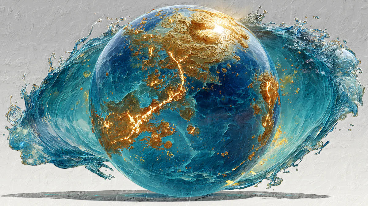 Celestial Earth Orb Mural Wallpaper — Aquatic Gold Fluid Art Mural Wallpaper - room preview 04