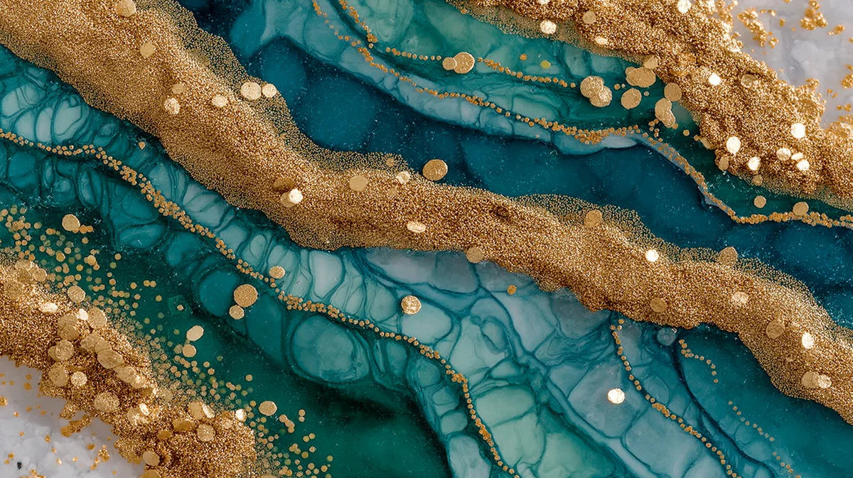 Teal and Gold Agate Slice Mural Wallpaper — Modern Fluid Art Mural Wallpaper - room preview 04