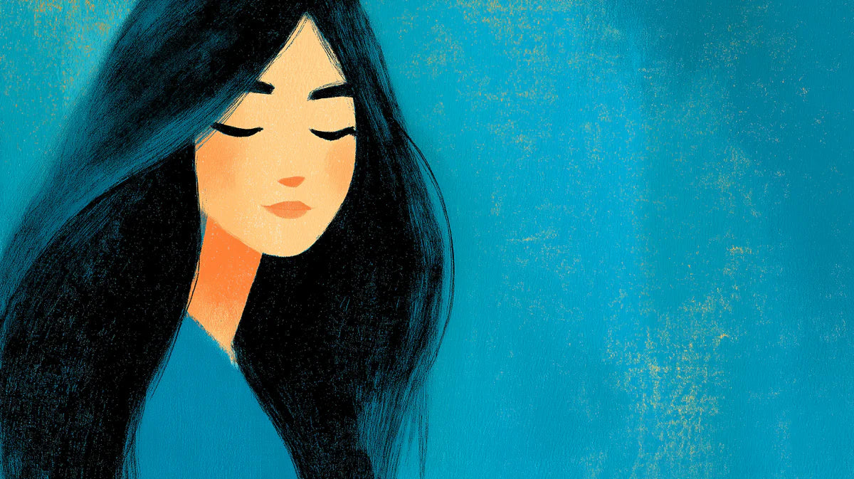 Dreaming Girl Illustration Mural Wallpaper — Artistic Teal Portrait Mural Wallpaper - room preview 04