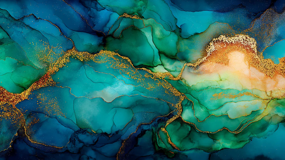 Emerald and Gold Fluid Ink Mural Wallpaper — Modern Abstract Mural Wallpaper - room preview 04
