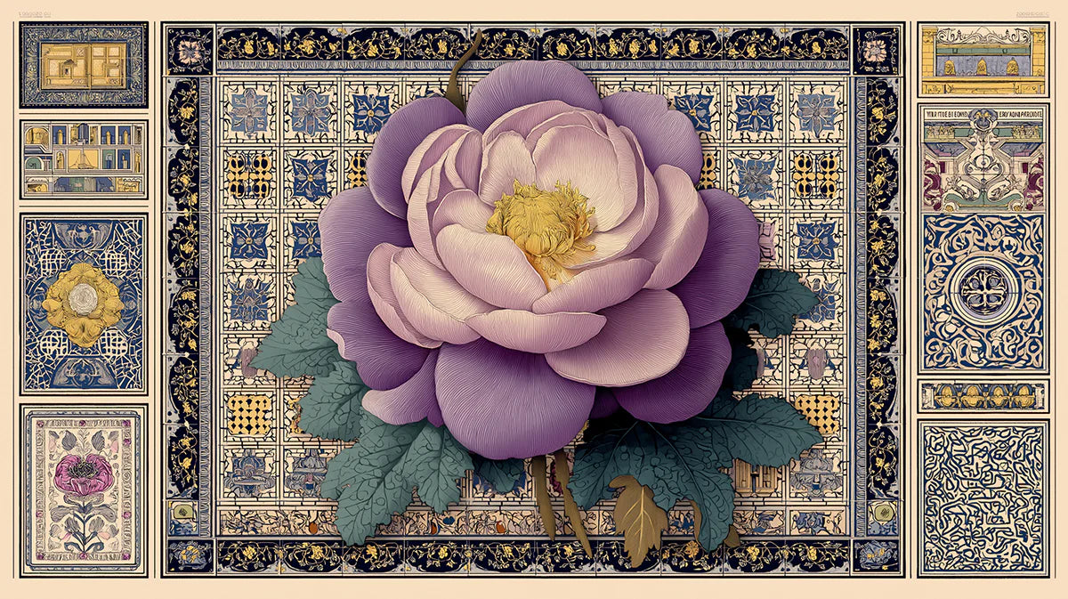 Ornate Peony & Tile Mural Wallpaper — Artistic Floral Motif Mural Wallpaper - room preview 04