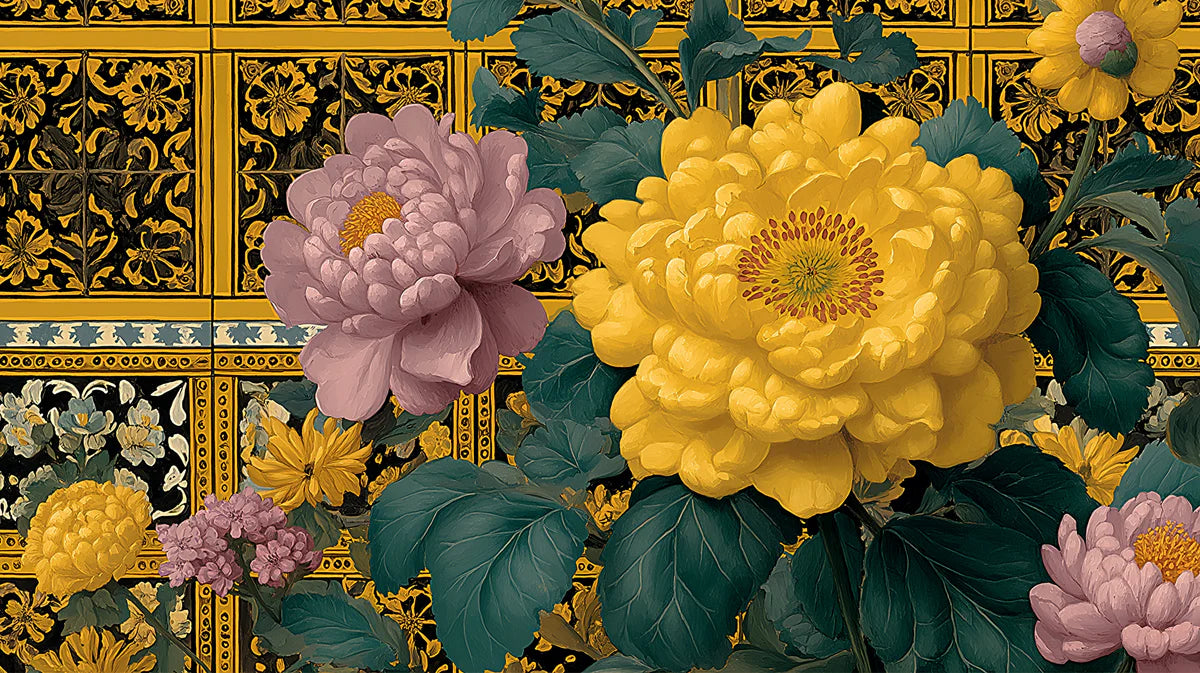 Chinoiserie Peony Patterned Tile Mural Wallpaper Yellow and Pink Florals, Ornate Traditional Backdrop Mural Wallpaper - room preview 04