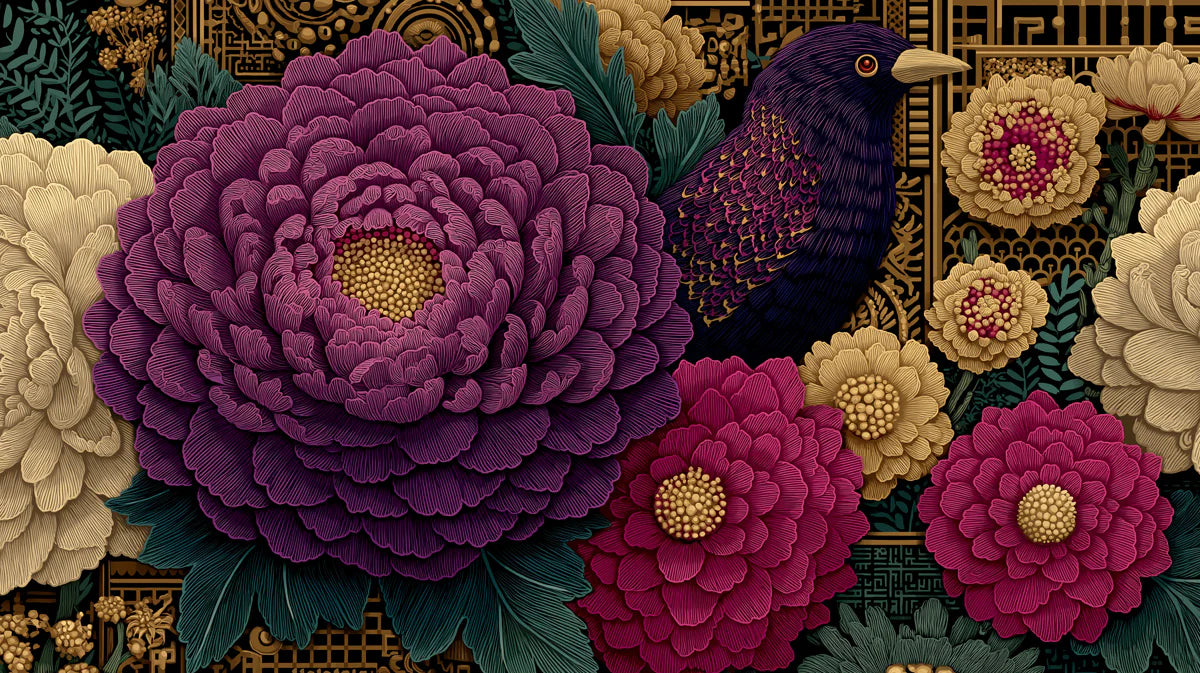 Gothic Peony & Bird Mural Wallpaper — Dark Academia Floral Pattern Mural Wallpaper - room preview 04