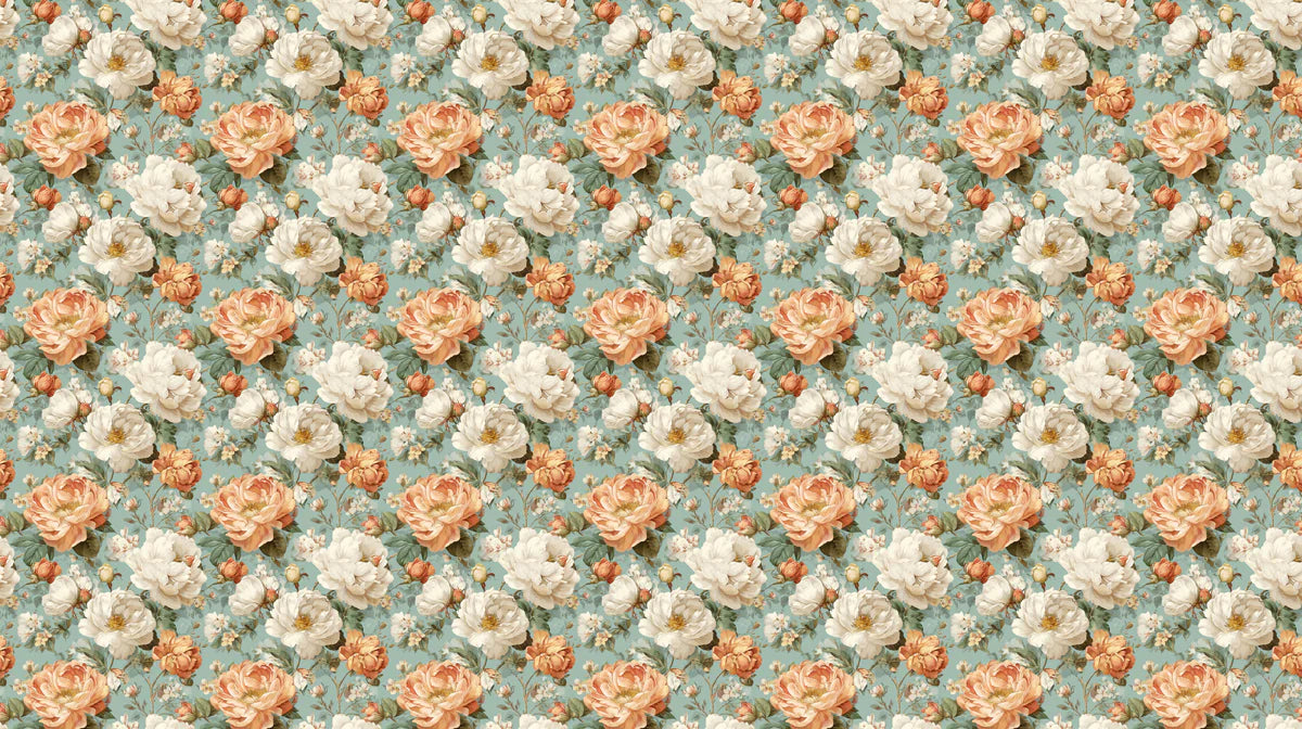 Vintage Peony Floral Mural Wallpaper — Soft Teal and Peach Mural Wallpaper - room preview 04