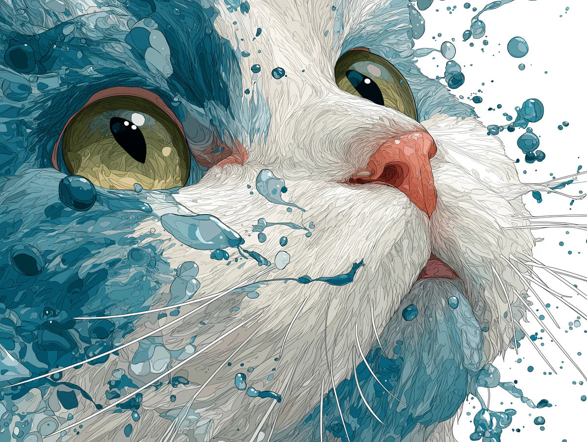 Cat Splash Portrait Mural Wallpaper — Dynamic Blue Liquid Art Mural Wallpaper - room preview 04