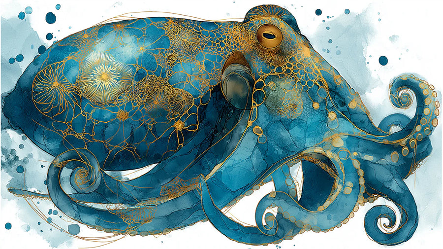 Sea Wallpaper Mural – Ocean Wall Mural – Gilded Marine Octopus — Ornate Coastal Art printable artwork