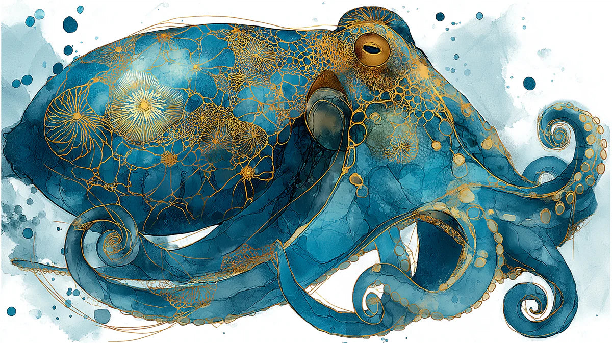Gilded Marine Octopus Mural Wallpaper — Ornate Coastal Art Mural Wallpaper - room preview 04