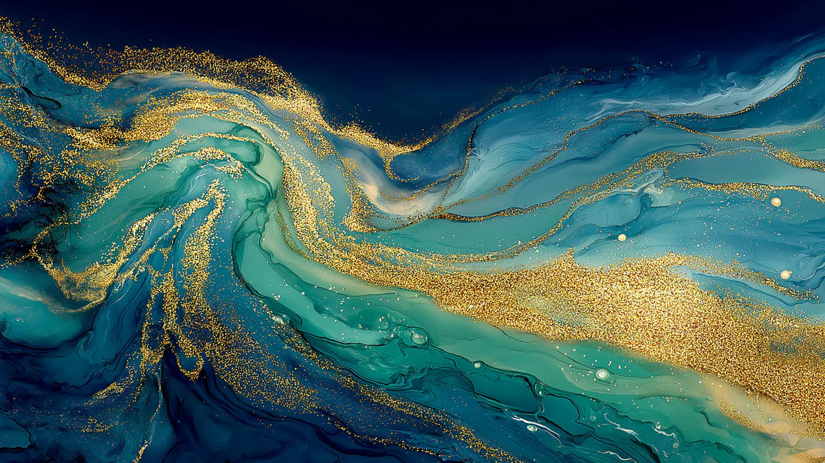 Deep Teal and Gold Fluid Art Mural Wallpaper — Luxe Abstract Motion Mural Wallpaper - room preview 04