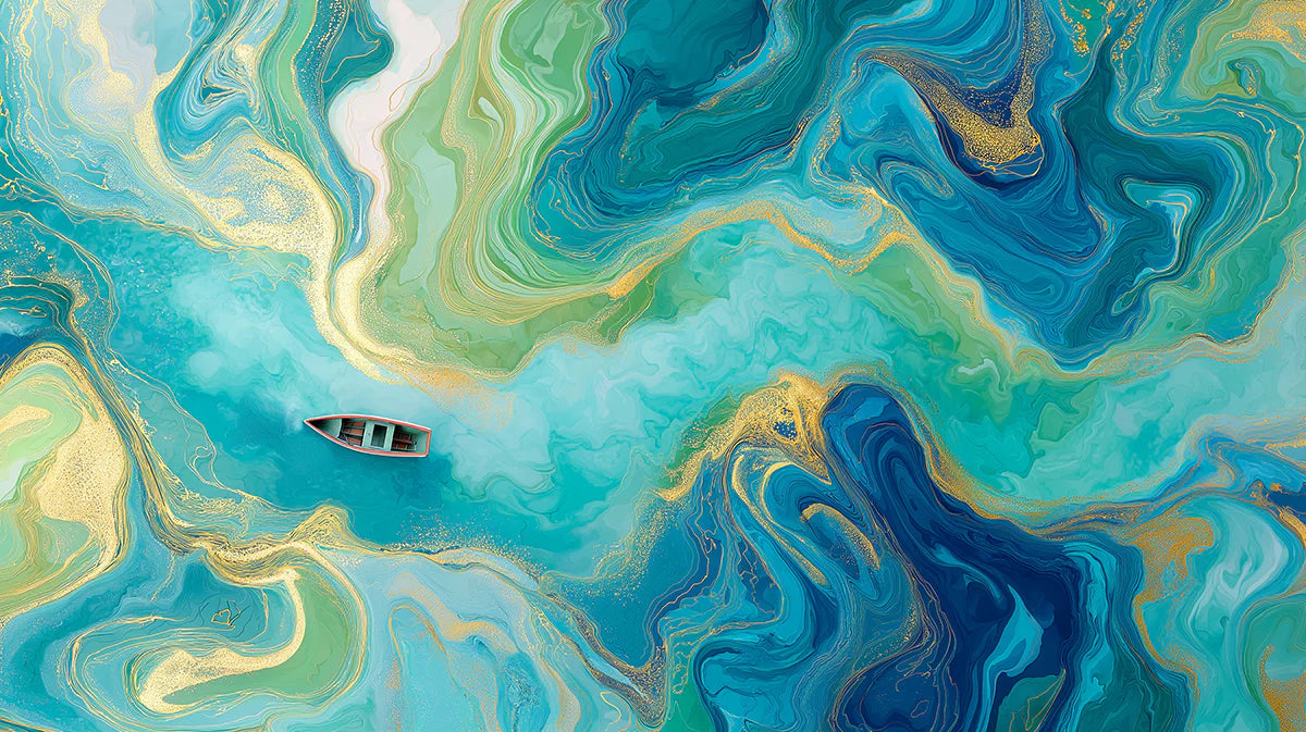 Emerald Fluid Art Mural Wallpaper — Abstract River Boat Design Mural Wallpaper - room preview 04
