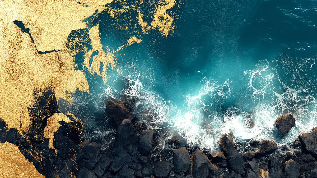 Aerial Ocean Coast Mural Wallpaper — Gold and Teal Wave Art Mural Wallpaper - room preview 04