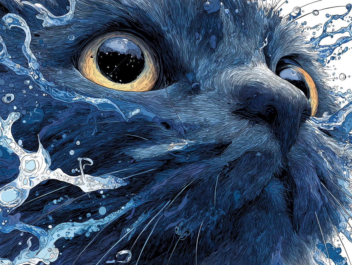 Black Cat Water Splash Mural Wallpaper — Artistic High Contrast Mural Wallpaper - room preview 04