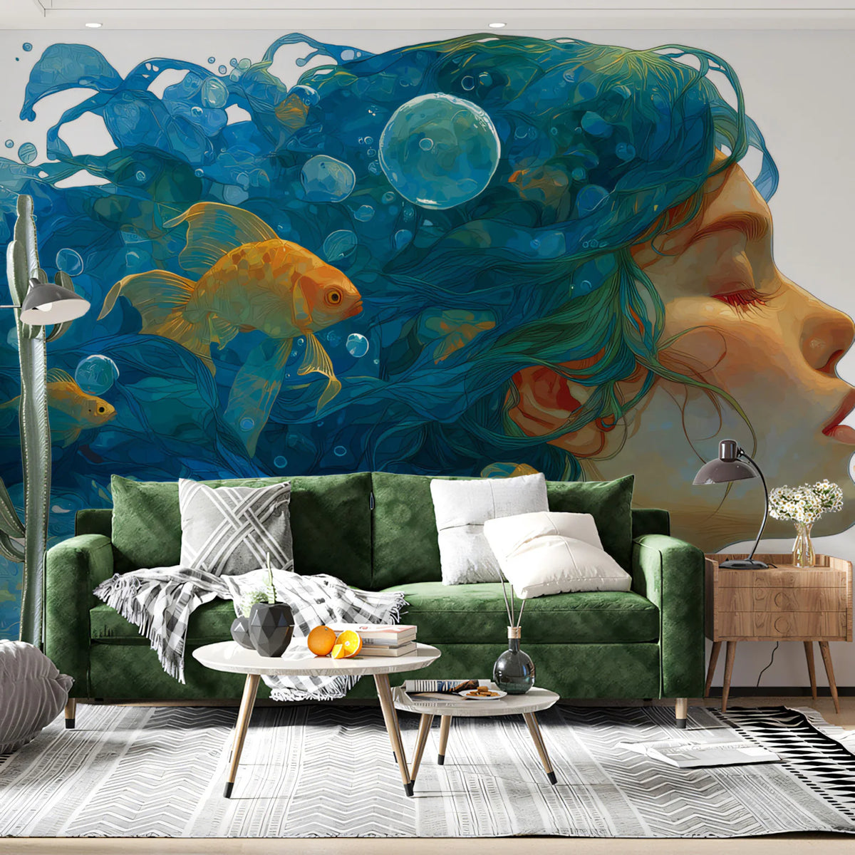 Submerged Dreamer with Goldfish Mural Wallpaper — Artistic Surrealism Mural Wallpaper - room preview 04