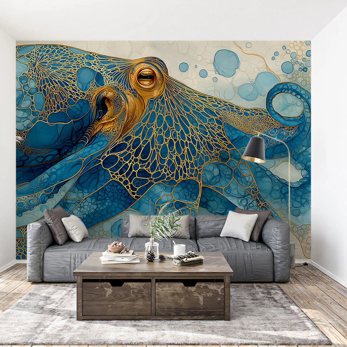 Gilded Marine Octopus Mural Wallpaper — Luxurious Aquatic Art Mural Wallpaper - room preview 04