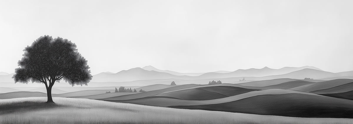 Solitary Tree Landscape Mural Wallpaper — Minimalist Monochrome Mural Wallpaper - room preview 04