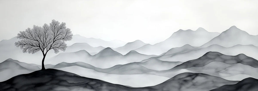 Papier peint mural Arbre solitaire Montagne à l'encre de Chine — Papier peint mural Paysage zen printable artwork
