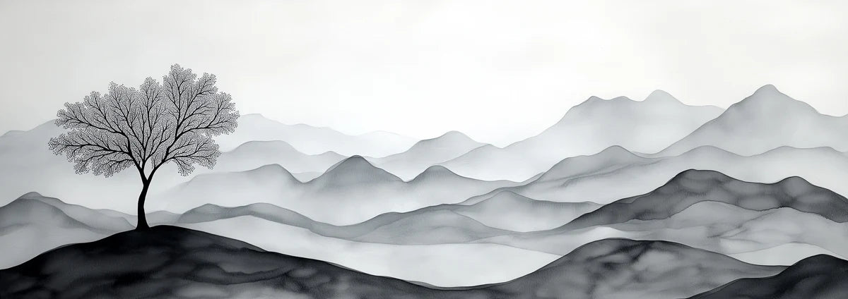 Ink Wash Mountain Solitary Tree Mural Wallpaper — Zen Landscape Mural Wallpaper - room preview 04