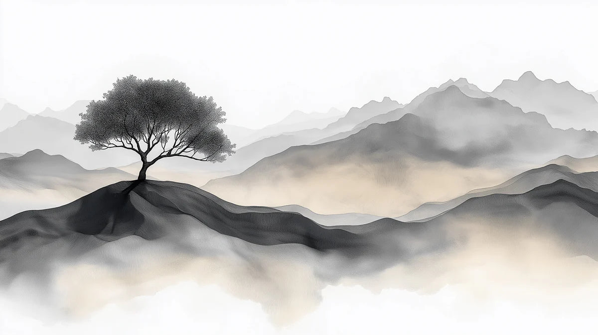 Minimalist Ink Wash Landscape Mural Wallpaper — Zen Tree Design Mural Wallpaper - room preview 04