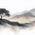 Minimalist Ink Wash Landscape Mural Wallpaper — Zen Tree Design Mural Wallpaper - room preview 04