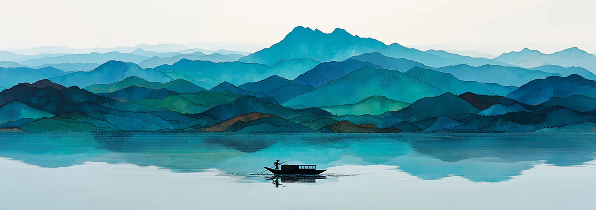 Watercolor Mountain Lake Mural Wallpaper — Teal Horizon Landscape Mural Wallpaper - room preview 04
