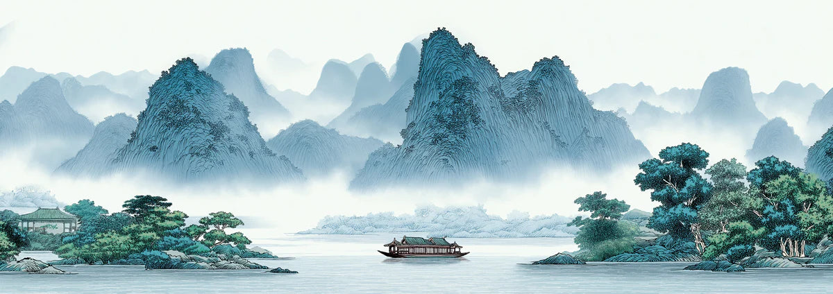 Misty Mountain Landscape Mural Wallpaper in Blue and Green Mural Wallpaper - room preview 04