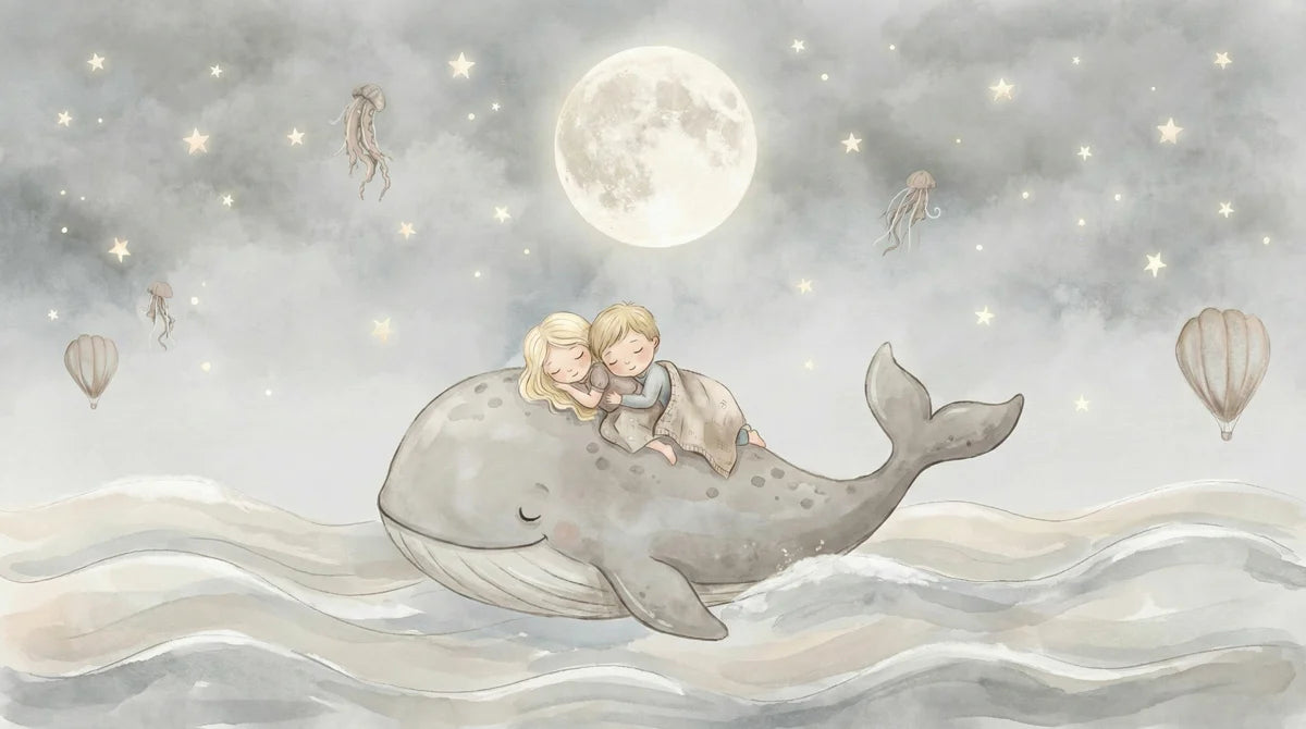 Sleeping Children on Whale Mural Wallpaper — Whimsical Night Sky Art Mural Wallpaper - room preview 04
