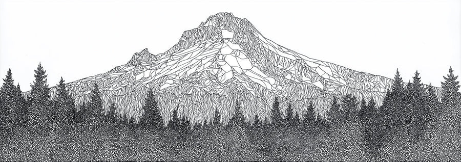 Mountain Wallpaper Mural – Alpine Wall Mural – Stippled Mountain Peak — Hand-Drawn Ink Sketch printable artwork