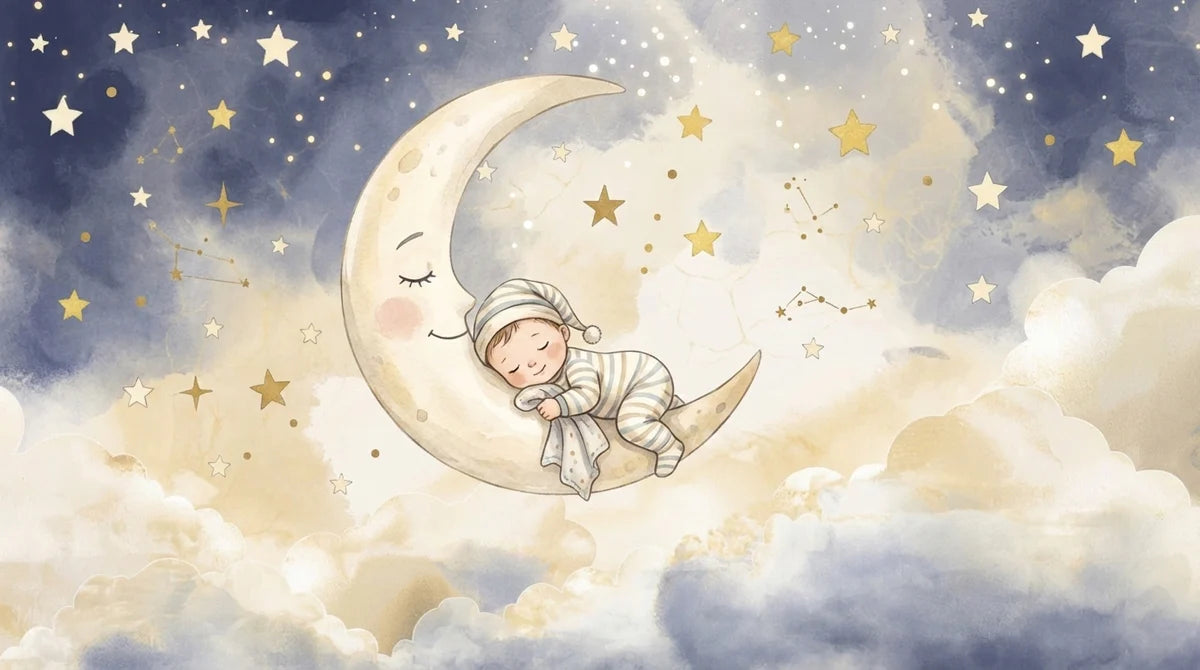 Sleeping Baby on Crescent Moon Mural Wallpaper — Whimsical Night Sky Mural Wallpaper - room preview 04