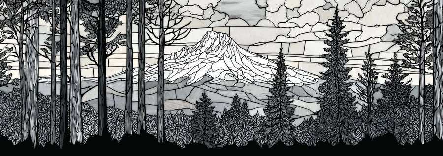 Buntglas-Bergwald-Wandbild – Schwarz-weiß-Landschafts-Fototapete printable artwork