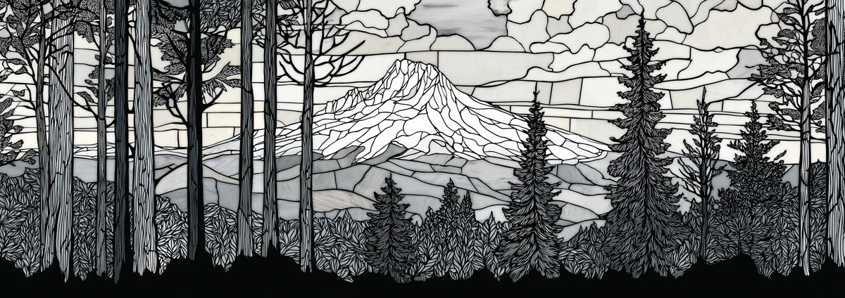 Stained Glass Mountain Forest Mural — Black and White Landscape Mural Wallpaper - room preview 04