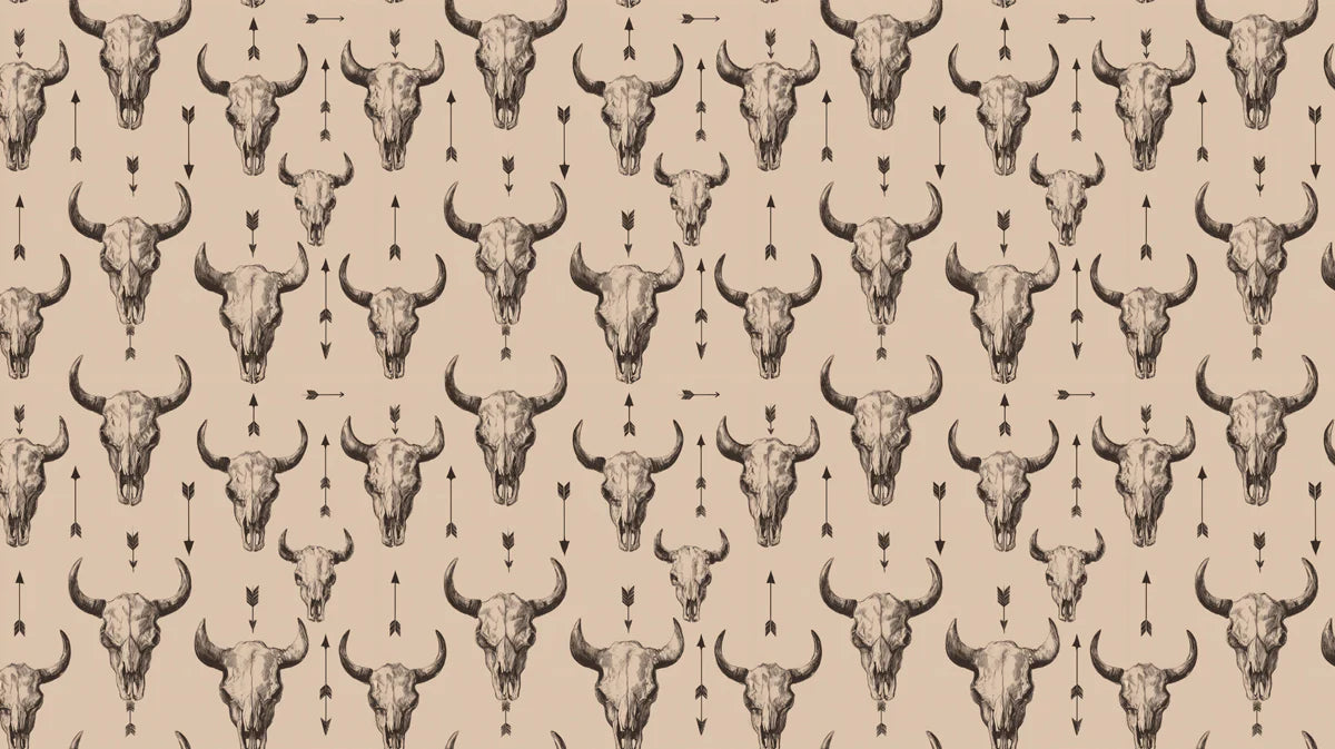 Vintage Cow Skull Western Mural Wallpaper —Rustic Beige Pattern Mural Wallpaper - room preview 04