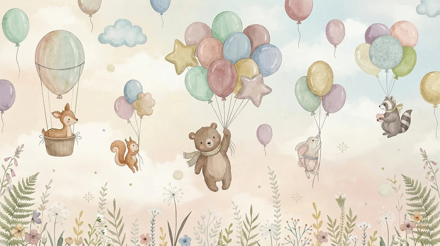 Nursery Wallpaper Mural – Baby Room Wall Mural for nursery – Floating Forest Friends — Whimsical Nursery Decor printable artwork