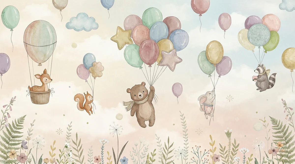 Floating Forest Friends Mural Wallpaper — Whimsical Nursery Decor Mural Wallpaper - room preview 04