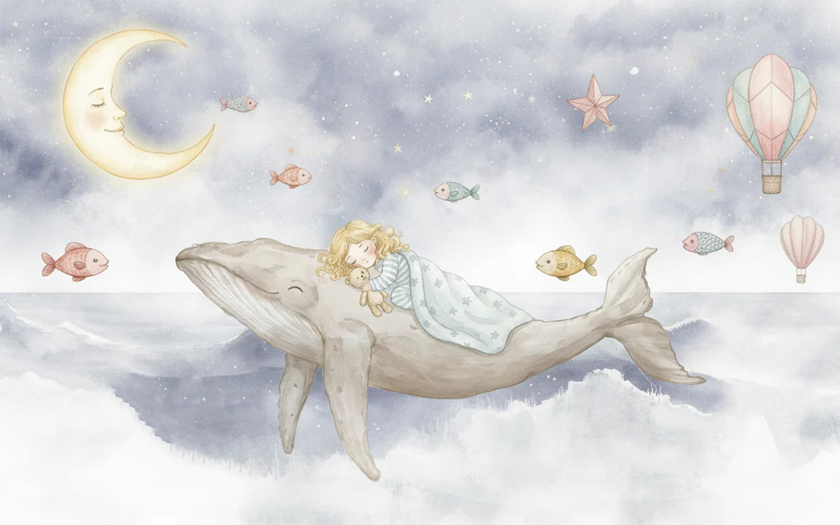 Sleeping Girl on Whale Mural Wallpaper — Whimsical Night Sky Art Mural Wallpaper - room preview 04