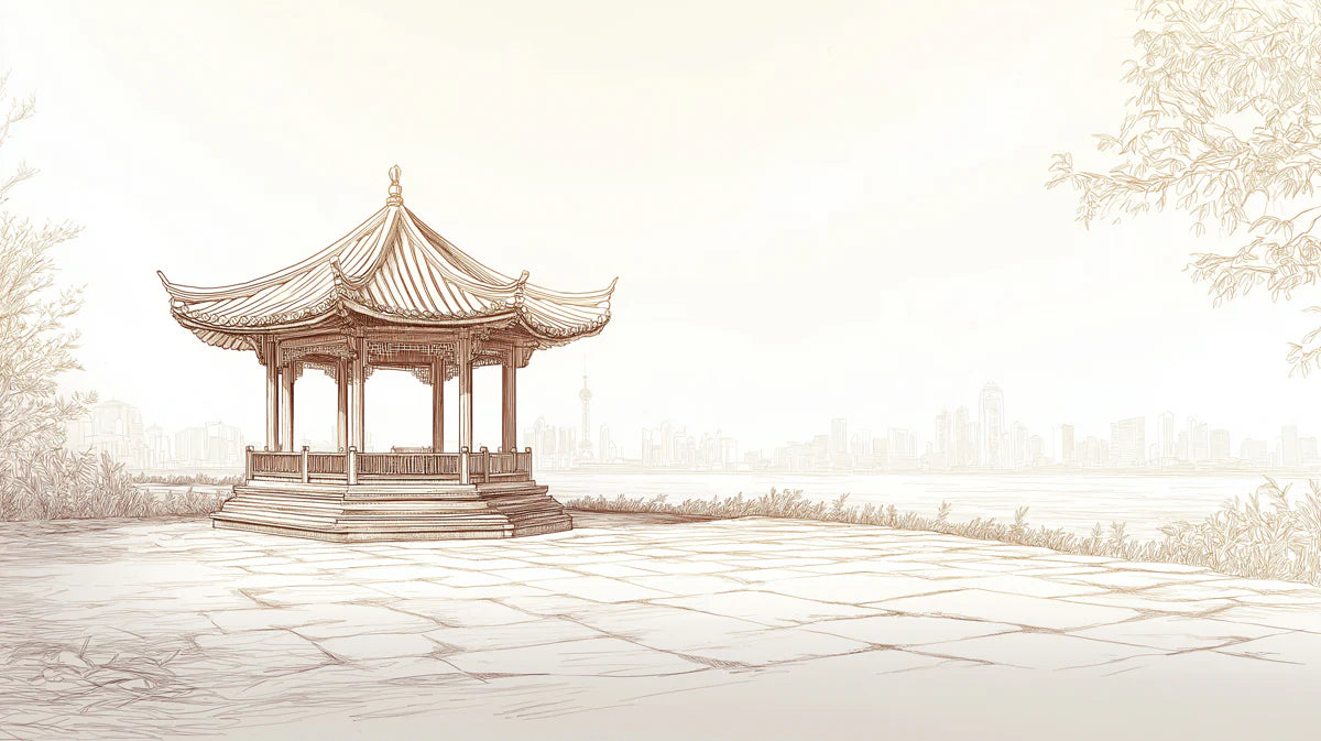 Traditional Chinese Pavilion Sketch Mural Wallpaper — Sepia Skyline Mural Wallpaper - room preview 04