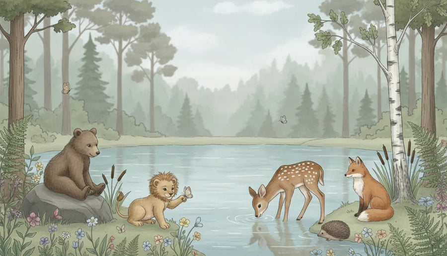 Baby Animals Wallpaper Mural – Cute Animals Wall Mural for nursery – Watercolor Forest Animals Pond Scene Nature Nursery Decor printable artwork
