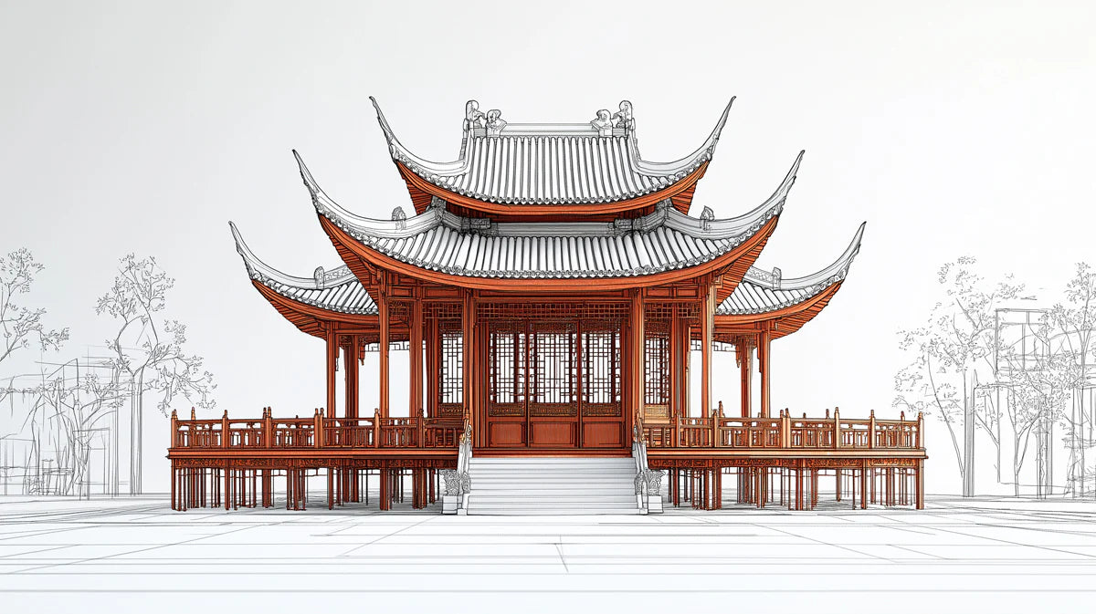 Chinese Pavilion Architectural Sketch Mural Wallpaper in Burnt Red Mural Wallpaper - room preview 04