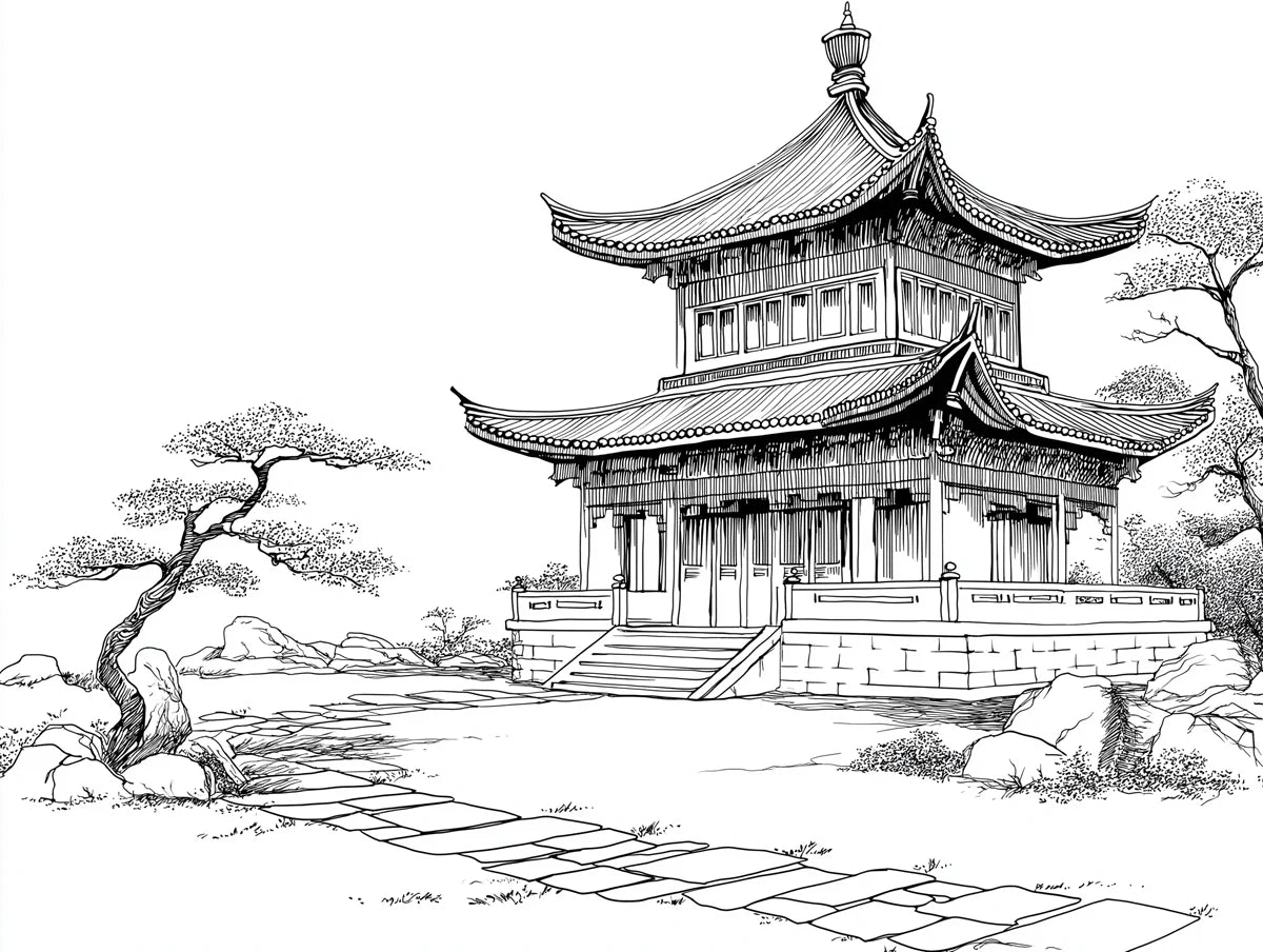 Chinese Pavilion Garden Sketch Mural Wallpaper — Monochrome Line Art Mural Wallpaper - room preview 04