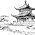 Chinese Pavilion Garden Sketch Mural Wallpaper — Monochrome Line Art Mural Wallpaper - room preview 04
