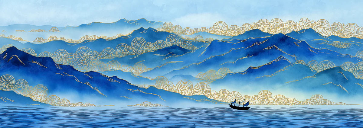 Blue Mountain Landscape Mural Wallpaper — Traditional Gold Line Art Mural Wallpaper - room preview 04