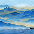 Blue Mountain Landscape Mural Wallpaper — Traditional Gold Line Art Mural Wallpaper - room preview 04