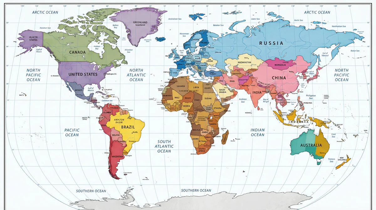 Educational World Map Mural Wallpaper in Vibrant Tones Mural Wallpaper - room preview 04