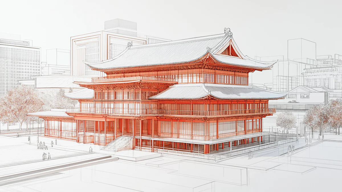 Chinese Architecture Line Art Mural Wallpaper in Vibrant Red Mural Wallpaper - room preview 04
