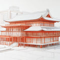 Chinese Architecture Line Art Mural Wallpaper in Vibrant Red Mural Wallpaper - room preview 04
