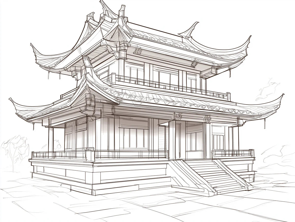Traditional Chinese Pavilion Architectural Sketch Mural Wallpaper - room preview 04