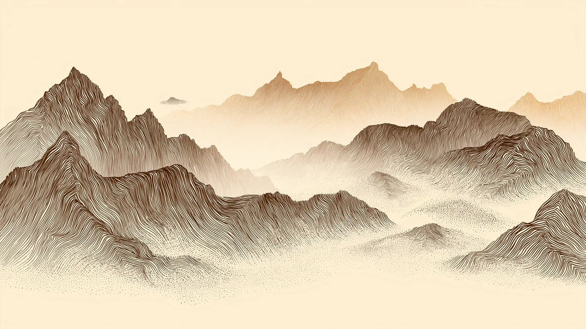 Vintage Mountain Engraving Mural Wallpaper — Sepia Line Art Mural Wallpaper - room preview 04